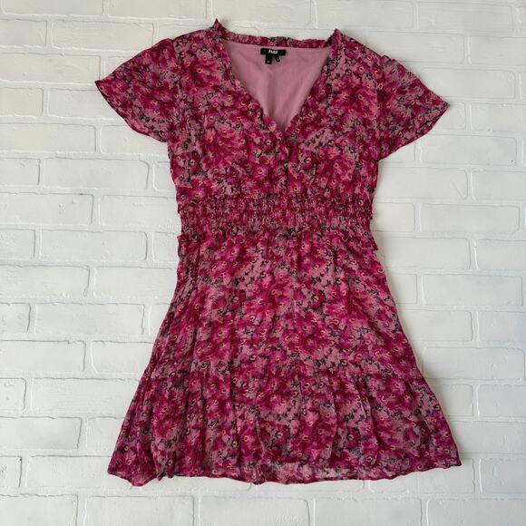 PAIGE Giannina Pink Floral Print Fit and Flare V neck Silk Dress sz M - Picture 1 of 7
